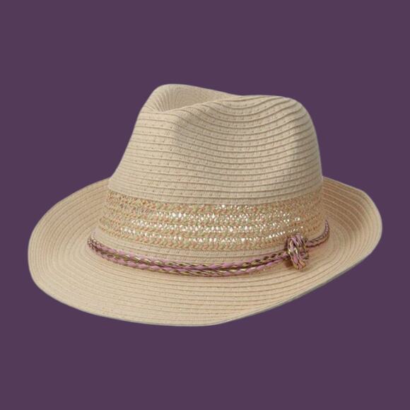Peach Fedora Ladies Versatile Hat by Rampage Hat Pink & Gold Accent Braided Rope - Picture 11 of 11